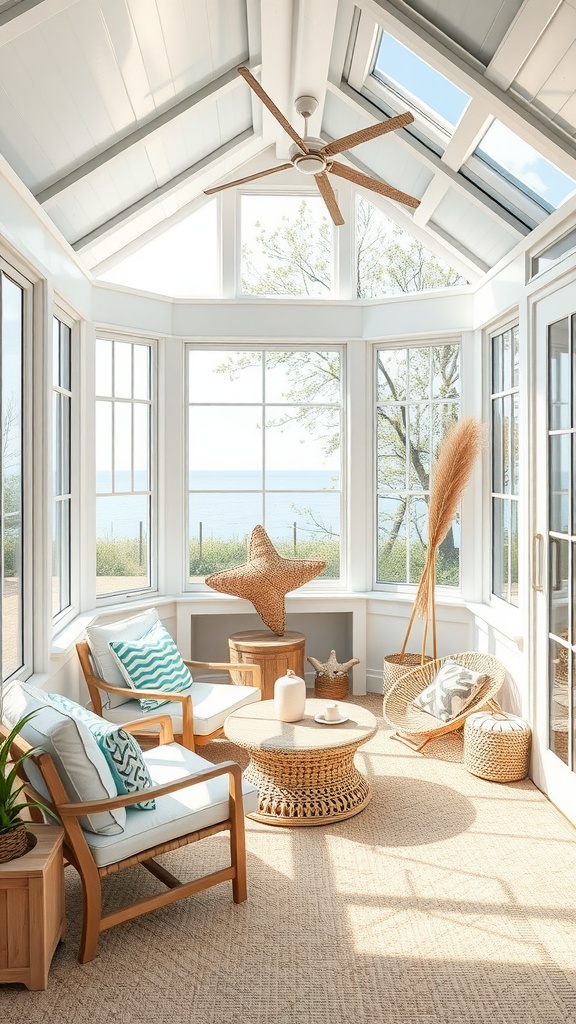 A bright sunroom decorated in light sand colors with natural wooden furniture and beach-themed decor