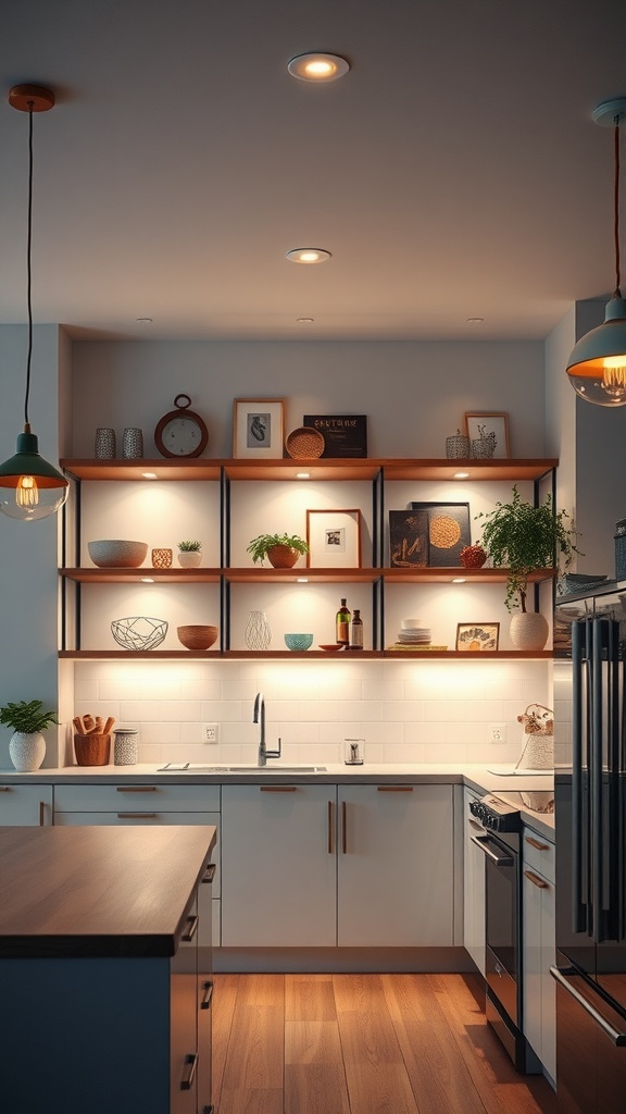 A modern kitchen with open lighted shelving displaying various items and plants.