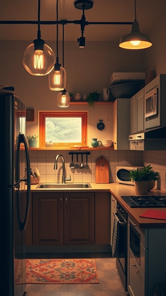 A cozy small kitchen with stylish glass pendant lights and warm overhead lighting, featuring a window with natural light.