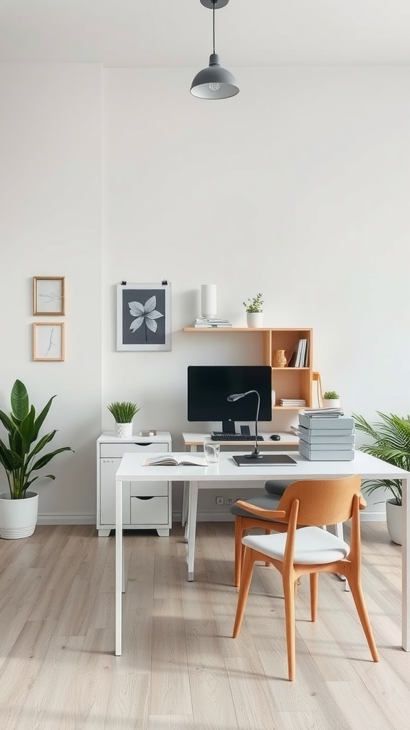 A small, modern home office featuring a desk, chair, computer, books, and plants, designed for productivity.