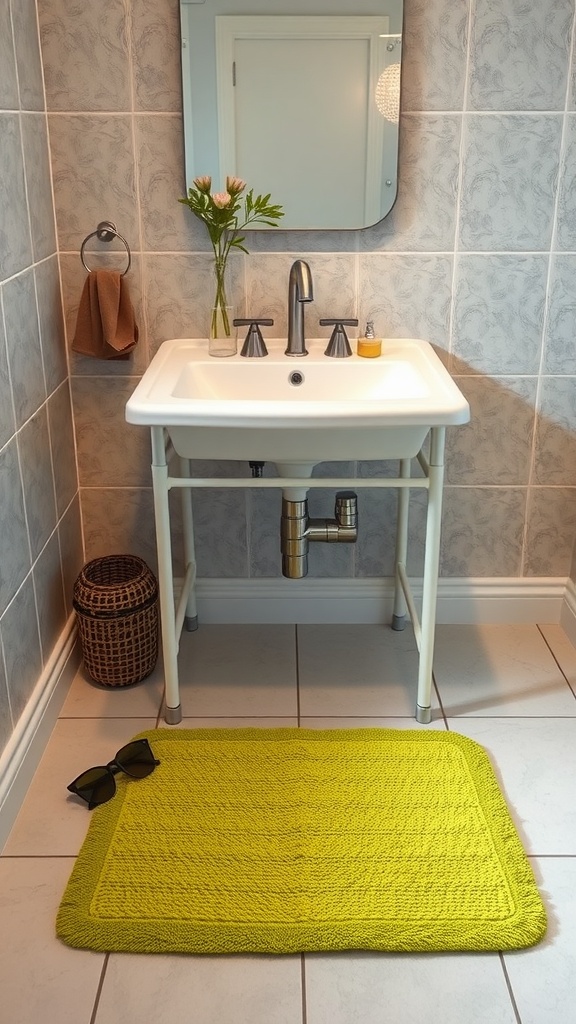 A lime green bath mat placed in a modern bathroom near a sink.