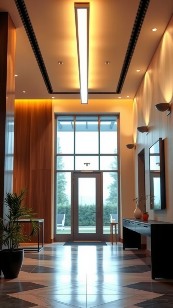 Modern entrance hall with a linear LED fixture and large windows.