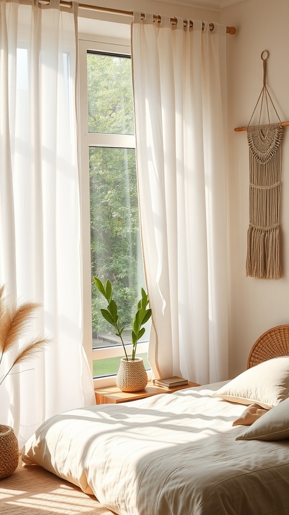 Light and airy linen textured curtains in a boho themed bedroom with natural decor.