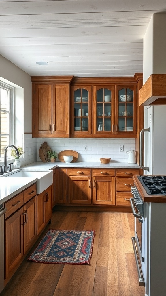 A bright farmhouse kitchen featuring local artisan crafted cabinets in warm wood tones, with glass-fronted upper cabinets and a cozy rug on the floor.