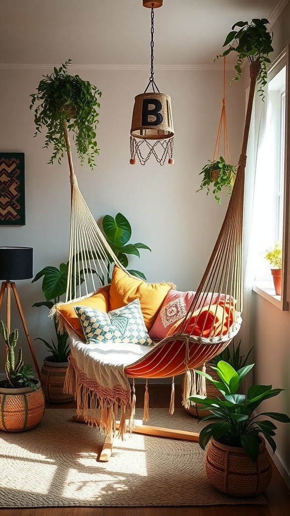 A cozy low-hanging hammock in a boho style bedroom, surrounded by plants and colorful cushions.