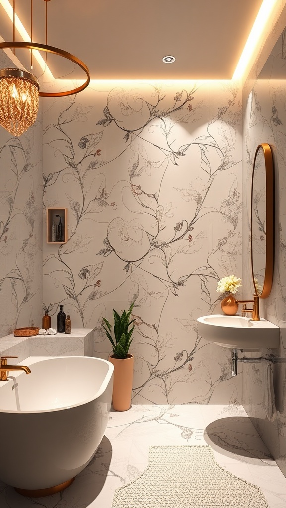 A luminous bathroom with floral wall decor, soft lighting, and a freestanding tub.