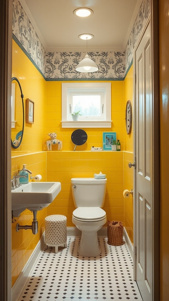Bright yellow bathroom with patterned wallpaper and white fixtures