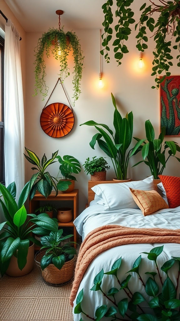 A cozy bedroom featuring green plants and terracotta accents, with a bed adorned in white and a terracotta throw.