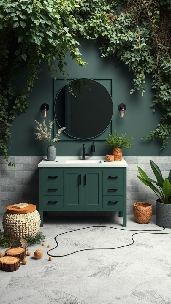 A bathroom featuring a lush forest green vanity, surrounded by plants and a modern mirror.