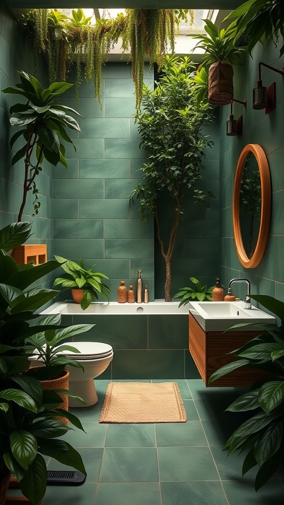 A bathroom showcasing lush green tiles, wooden accents, and various plants, creating a natural and calming atmosphere.