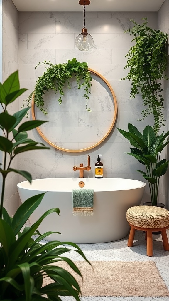 A modern bathroom decorated with lush green plants, a circular wooden mirror, and a round bathtub.