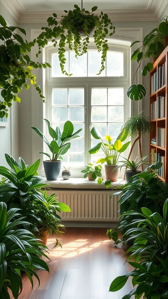 A cozy library featuring a window seat surrounded by various indoor plants.