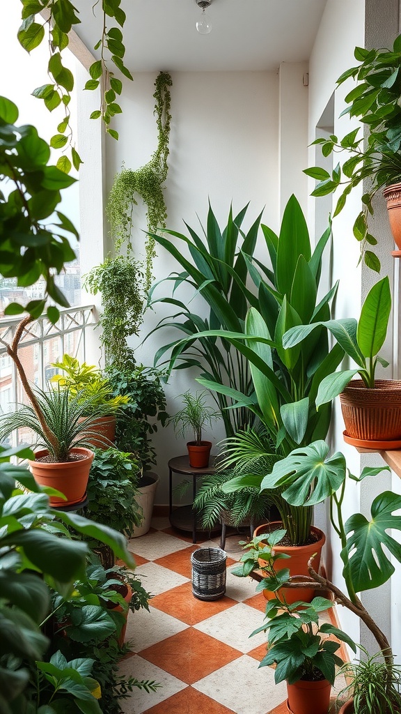 A small balcony filled with various plants and greenery in terracotta pots, creating a cozy and lush atmosphere.