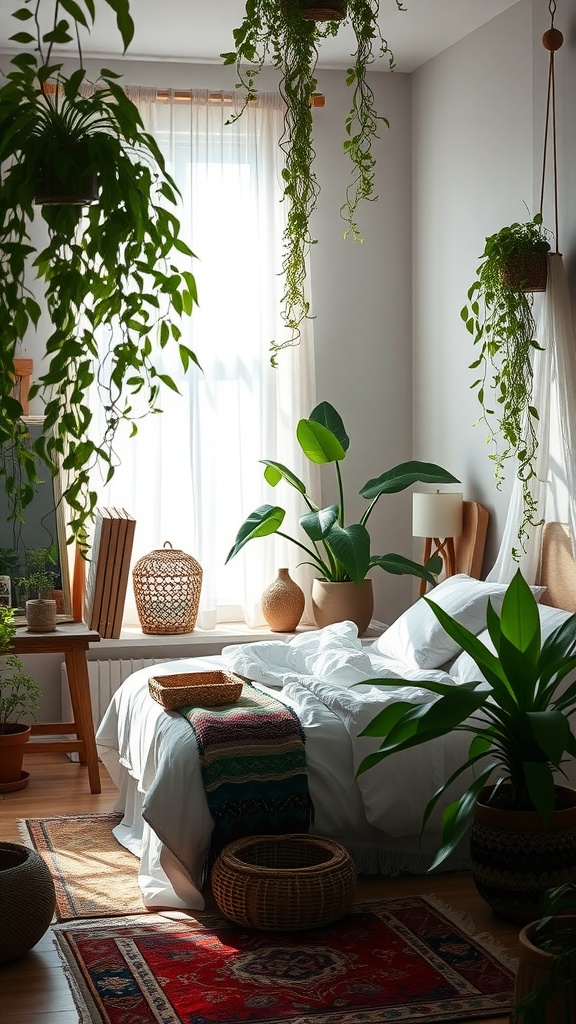 A boho-style bedroom with lush greenery, featuring hanging plants and a sunlit atmosphere.