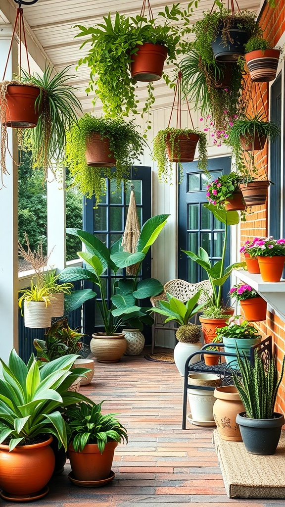 A vibrant Boho back porch filled with hanging plants, potted flowers, and greenery, creating a cozy atmosphere.