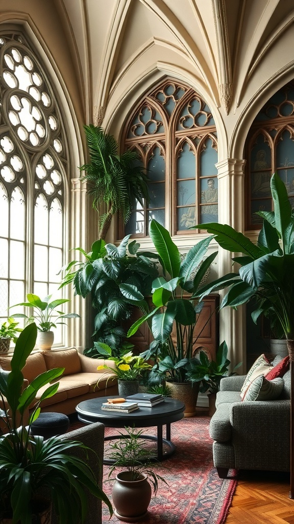 A beautifully designed living room showcasing Gothic architecture with lush greenery.