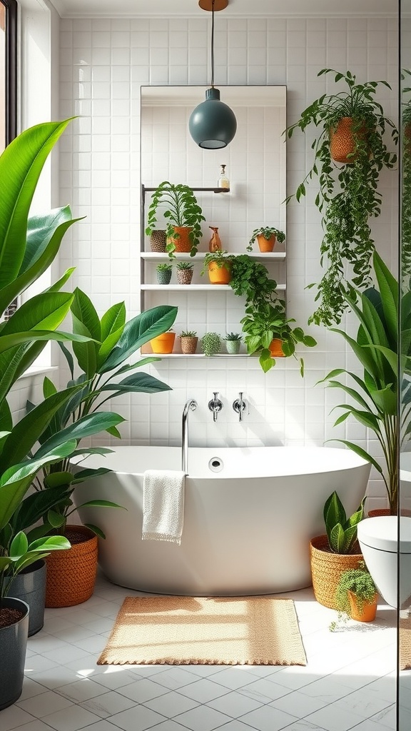 A modern luxury bathroom filled with lush greenery, featuring hanging plants and stylish decor.