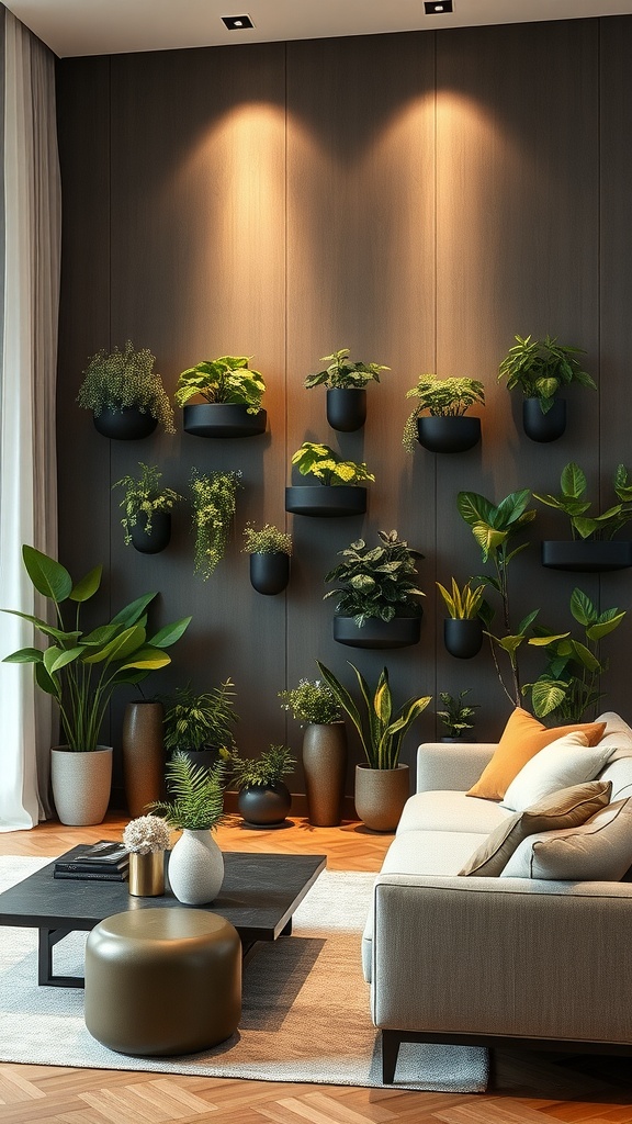 A contemporary living room with a statement wall featuring lush green plants in black pots, contrasted against a wooden backdrop.