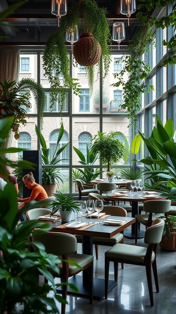 Luxurious Italian dining room with lush indoor plants, large windows, and elegant table settings.