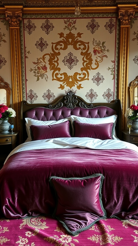 Luxurious burgundy velvet bedding set with tufted headboard and decorative pillows