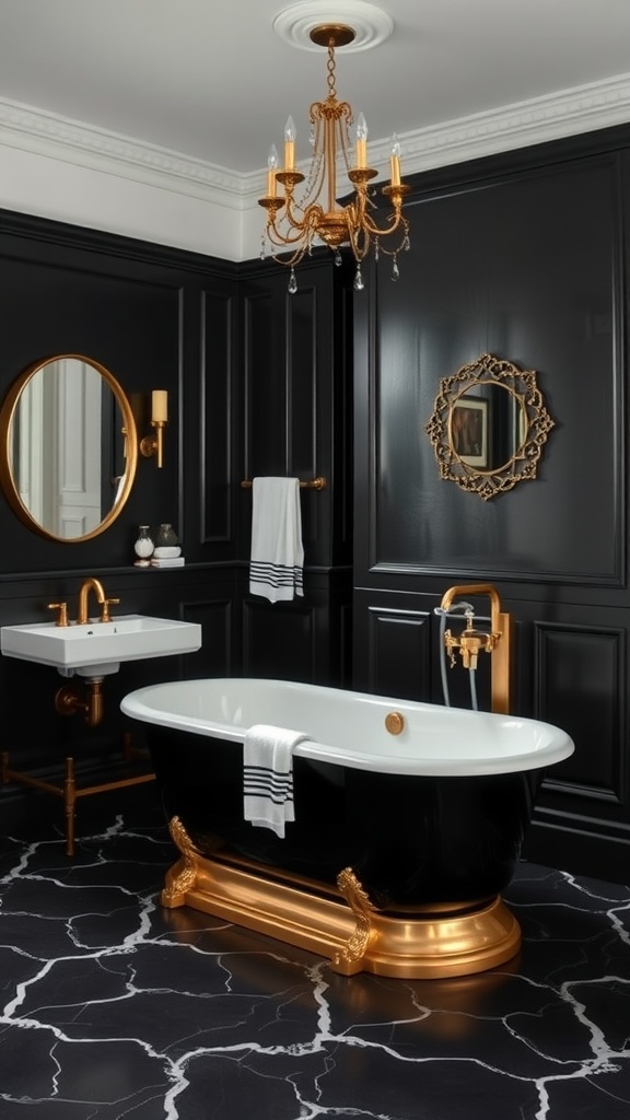 Luxurious black bathroom with gold accents, featuring a black bathtub and elegant chandelier.