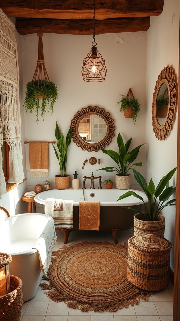 A beautifully decorated bathroom featuring a vintage tub, plants, woven baskets, and warm earthy tones, showcasing luxe boho decor.