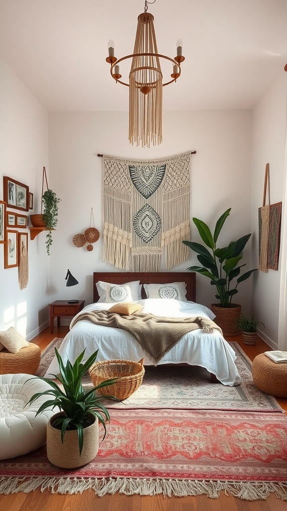 A luxurious boho bedroom with high ceilings, featuring a cozy bed, woven decor, and indoor plants.