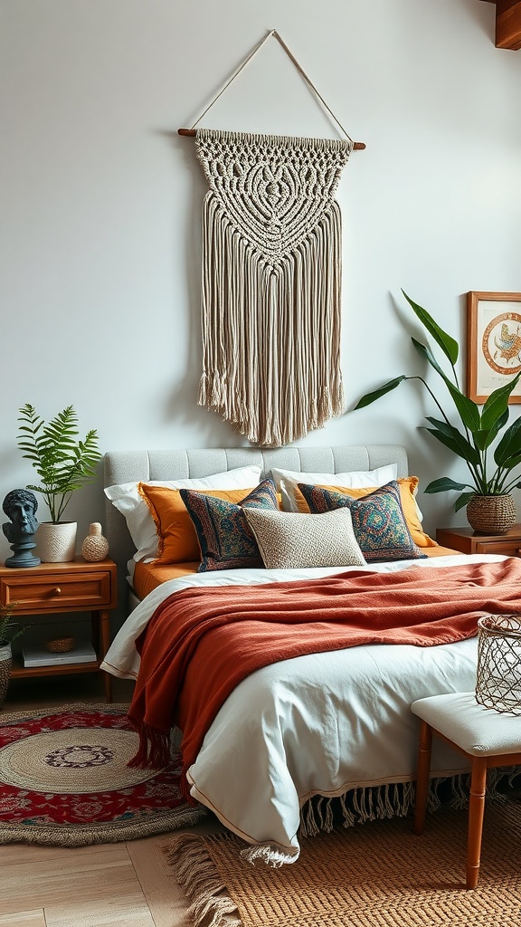 A cozy boho bedroom featuring a macramé wall hanging, colorful cushions, and lush plants.