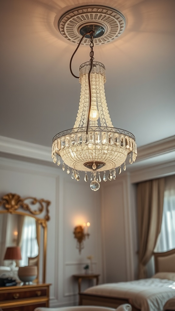A beautiful crystal chandelier hanging from the ceiling in a luxurious room, showcasing elegance and glamour.