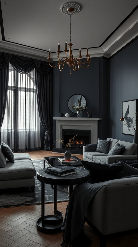 A stylish living room featuring dark walls, luxe fabrics, and minimalist furniture.