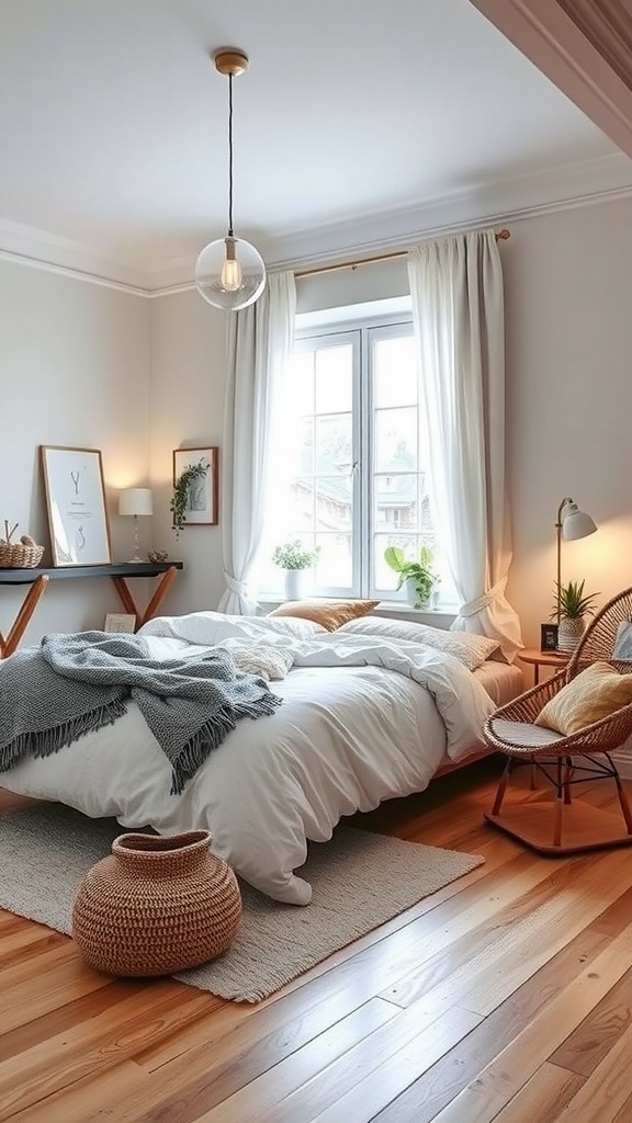 Scandi Boho bedroom featuring light colors, cozy bedding, woven accents, and plants.