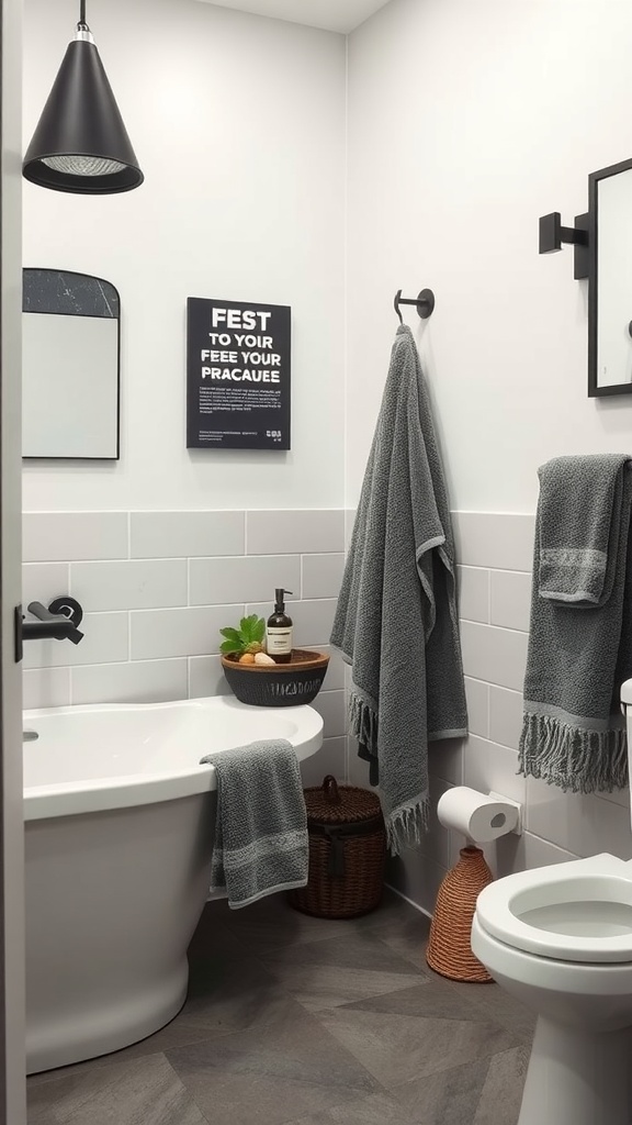 A stylish gray and white bathroom featuring gray towels, modern fixtures, and natural accessories.