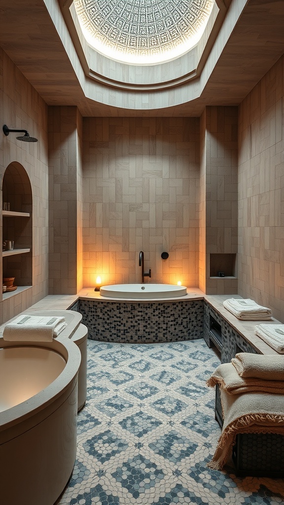 A luxurious bathroom with a round soaking tub, patterned floor tiles, a wooden interior, and a dome ceiling with soft lighting.