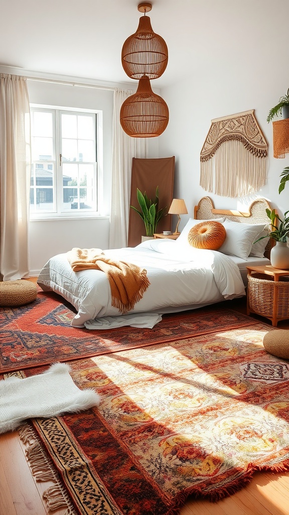 A cozy Boho style bedroom featuring layered rugs in warm tones, with a comfortable bed and stylish decor.