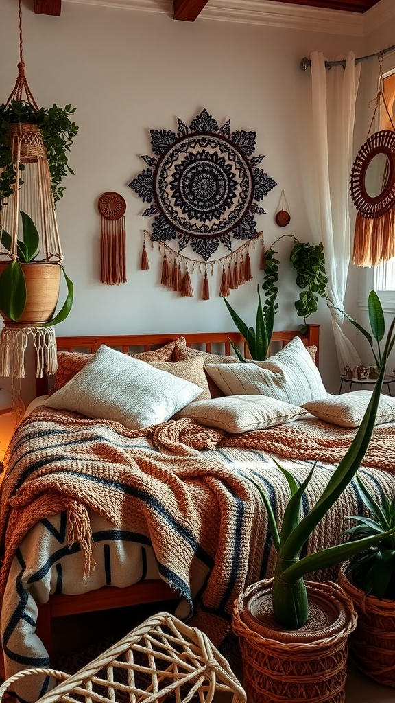 A cozy boho style bedroom featuring layered bedding, decorative pillows, and plants.