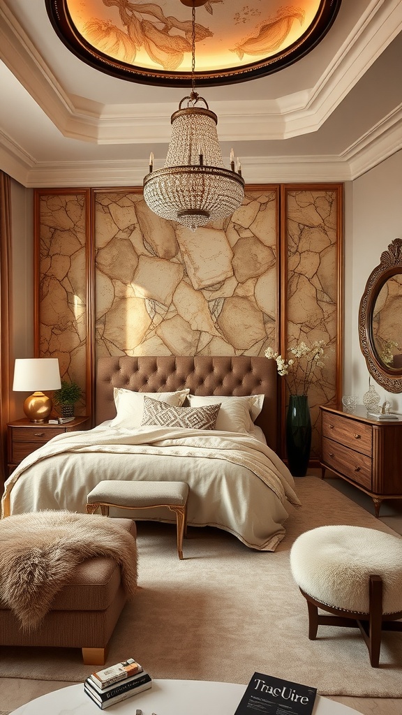 A luxurious dark and moody bedroom featuring a plush bed, a sparkling chandelier, and elegant decor.