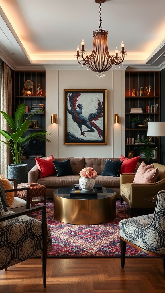 A luxurious living room featuring a mix of Art Deco and contemporary styles, with plush textiles and a vibrant color palette.