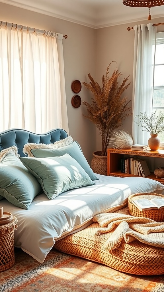 A cozy boho bedroom featuring a light blue velvet headboard, soft pillows, woven baskets, and natural light pouring in through sheer curtains.