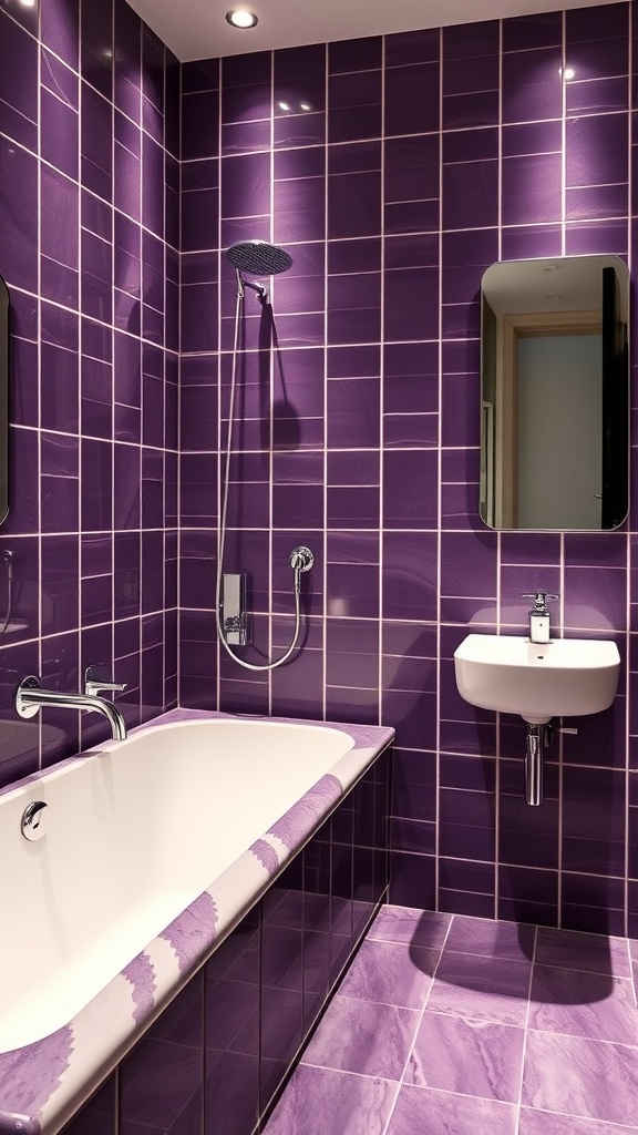 A luxurious bathroom featuring amethyst tiles, modern fixtures, and a sleek bathtub