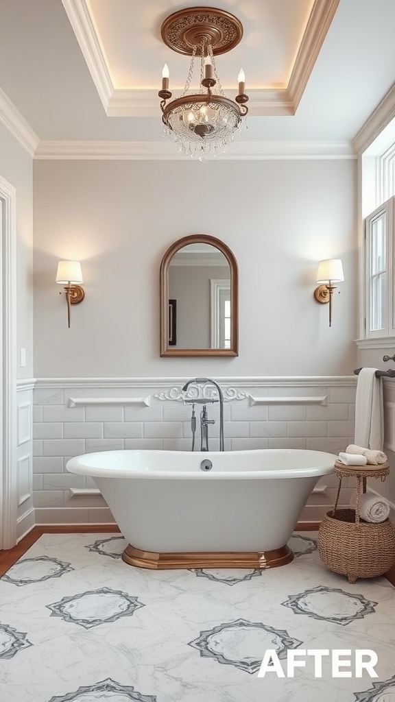 Luxurious bathroom with a freestanding bathtub, chandelier, and elegant decor