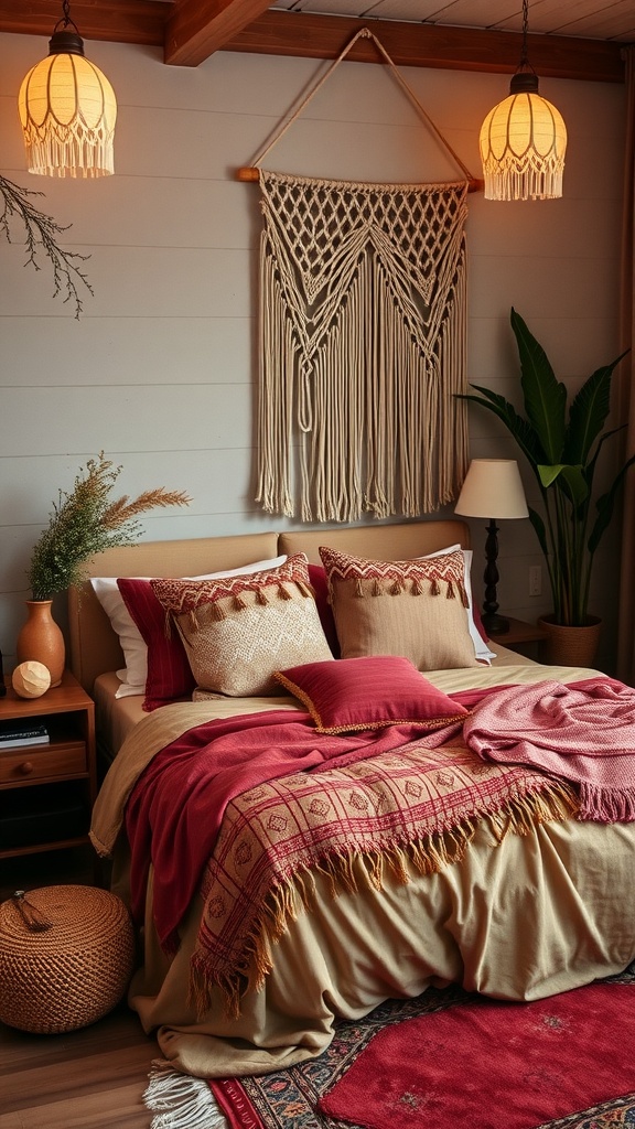 Cozy boho bedroom featuring layered bedding, macramé wall art, and warm lighting.