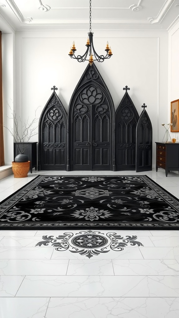 A luxurious black carpet on a minimal white floor in a gothic-style living room with ornate doors and a chandelier.