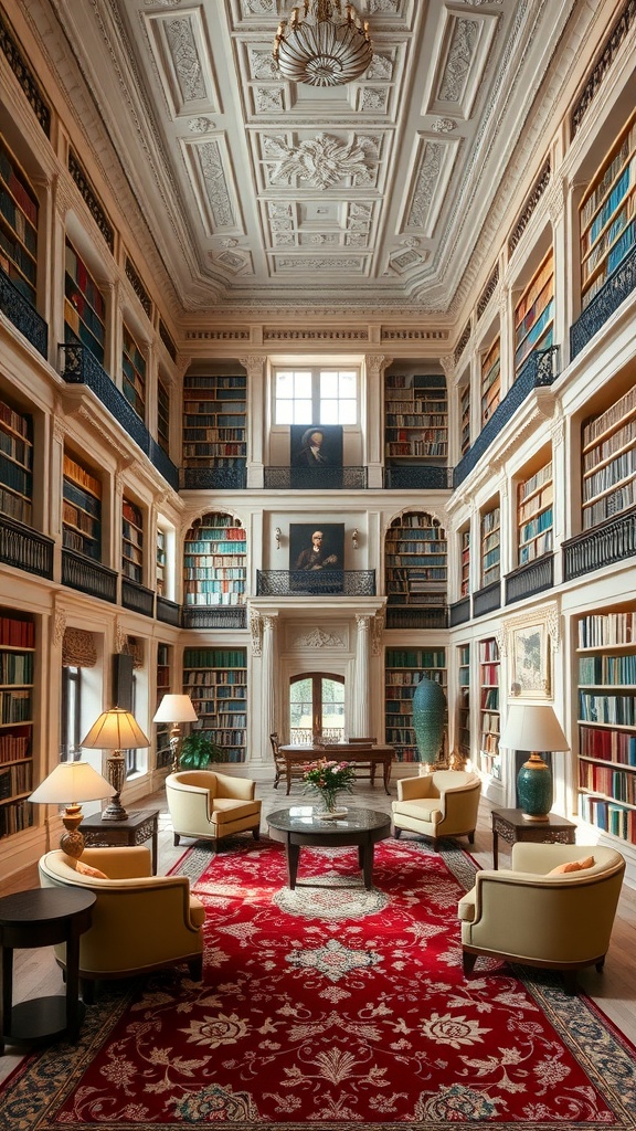 Luxurious library with high ceilings, filled with books, featuring elegant furnishings and a rich red rug.