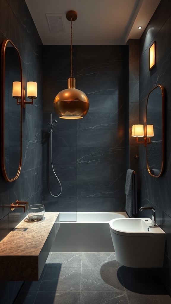 Luxurious dark slate bathroom featuring gold fixtures and warm lighting