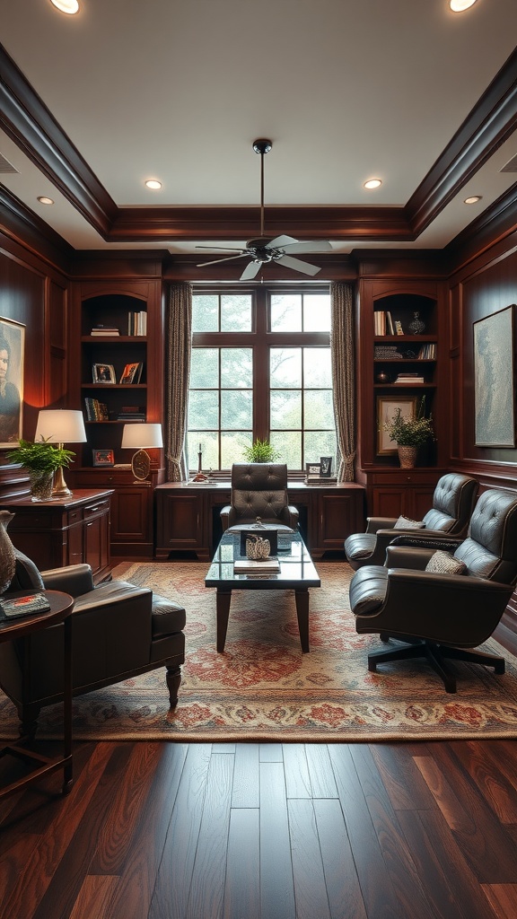 A luxurious executive office featuring leather accents, wooden walls, and large windows.
