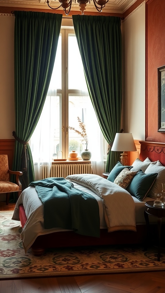 A luxurious bedroom featuring green velvet curtains and terracotta accents, creating a warm and earthy retreat.