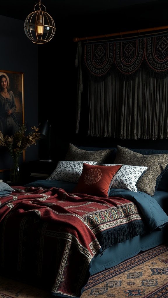 A cozy Black Boho bedroom featuring a layered bed with rich colors and textures, complemented by soft lighting.