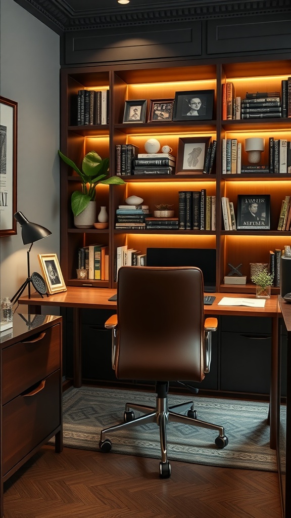 A luxurious leather home office with a stylish desk, a leather chair, and illuminated shelves filled with books and decor.