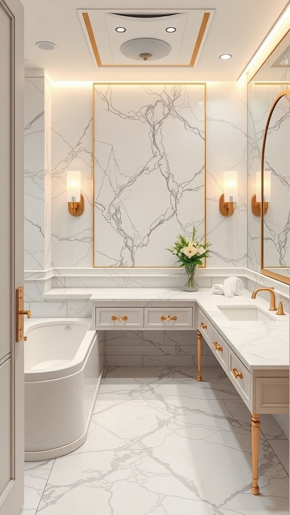 Luxurious bathroom with marble accents, gold fixtures, and a freestanding tub