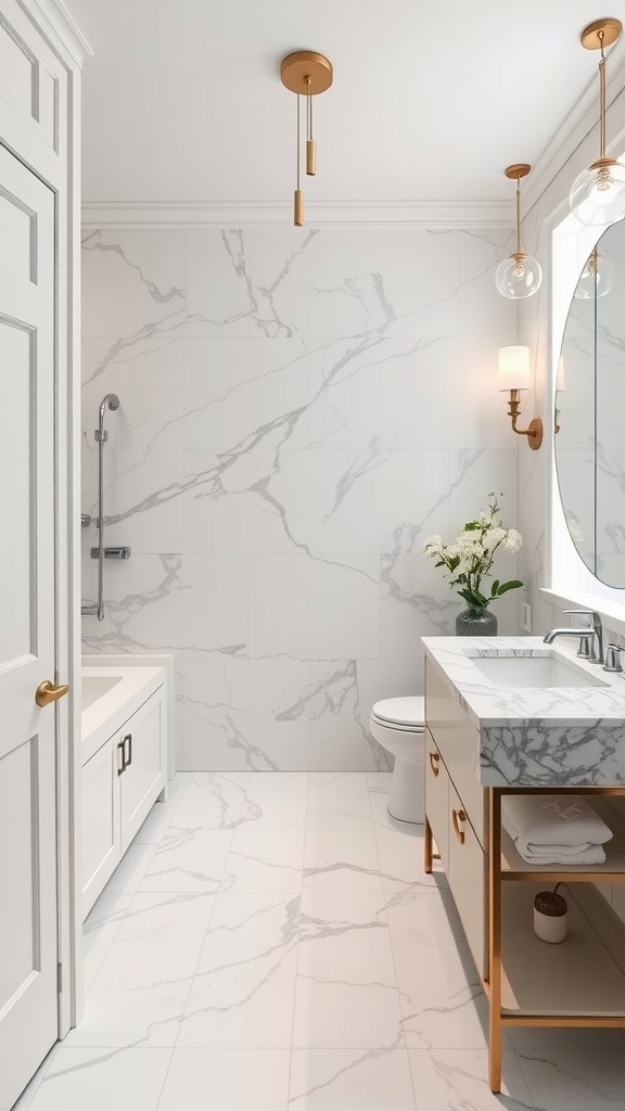 A beautifully designed bathroom featuring luxurious marble walls and floors, modern fixtures, and elegant lighting.